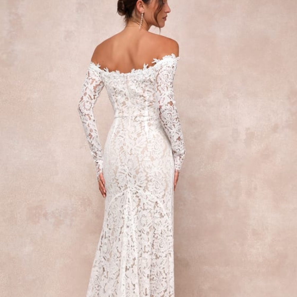 Lulu's Off-Shoulder Lace Wedding Dress in White - Picture 2 of 4